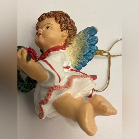 Vintage Cherub Christmas Angel Holiday Ornament wreath rosebud baby angel wings - Picture 12 of 13